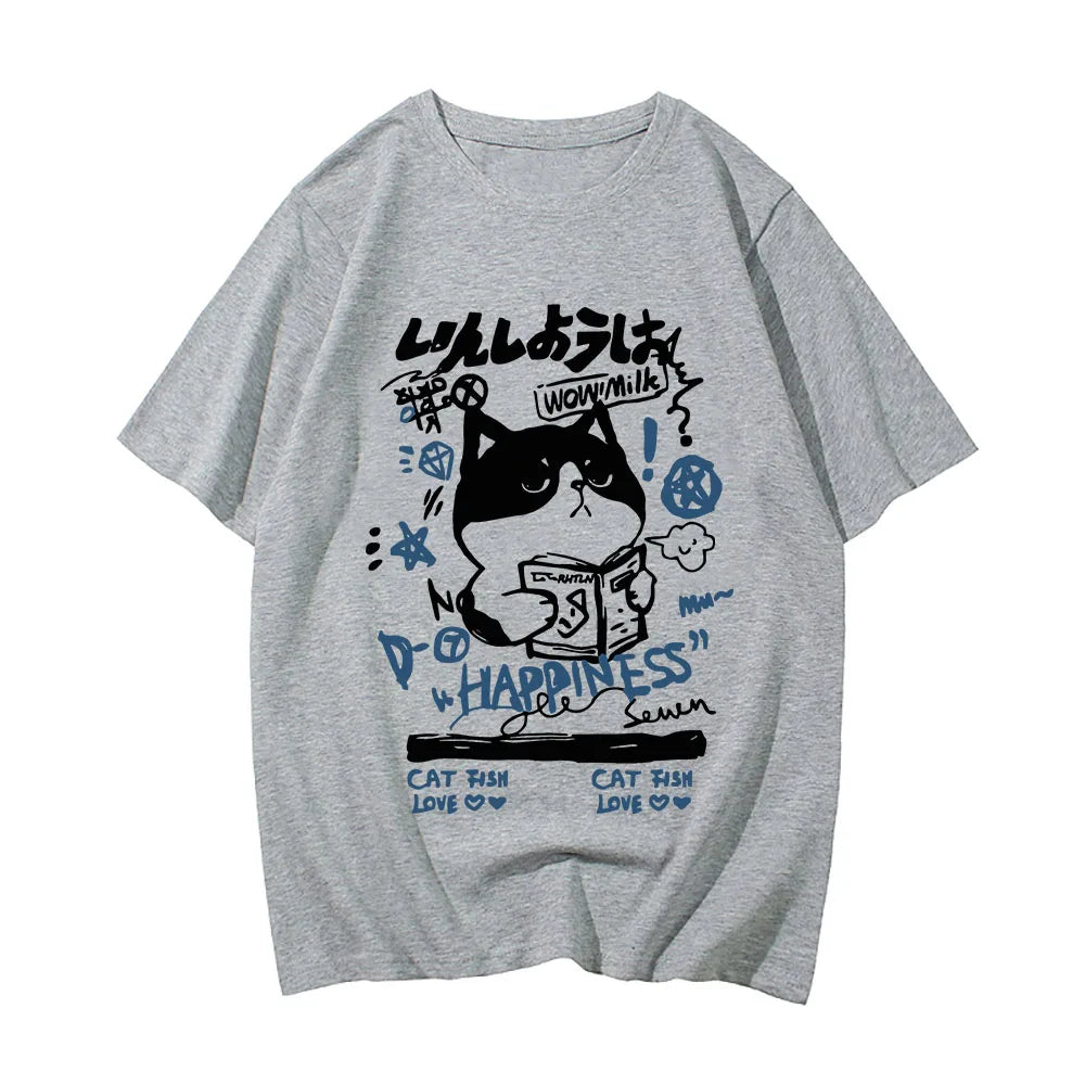 kawaiies-softtoys-plushies-kawaii-plush-Japanese-themed Cat Finding Happiness Unisex Tee Apparel Gray XS 
