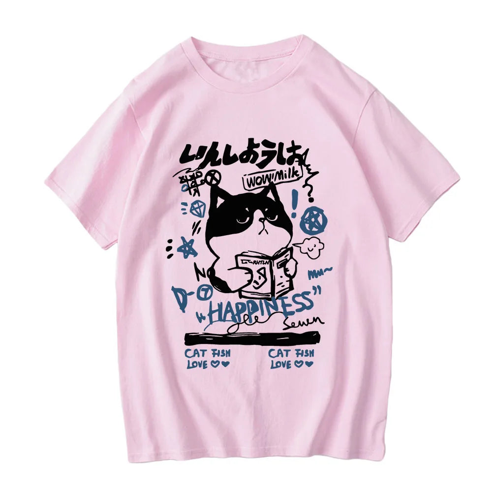 kawaiies-softtoys-plushies-kawaii-plush-Japanese-themed Cat Finding Happiness Unisex Tee Apparel Pink XS 