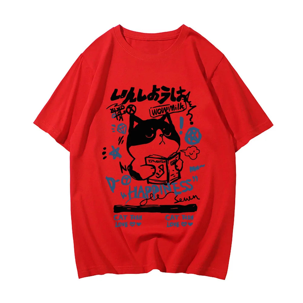 kawaiies-softtoys-plushies-kawaii-plush-Japanese-themed Cat Finding Happiness Unisex Tee Apparel Red XS 