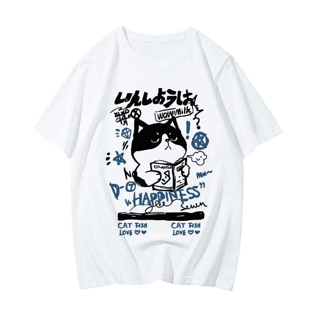 kawaiies-softtoys-plushies-kawaii-plush-Japanese-themed Cat Finding Happiness Unisex Tee Apparel White XS 