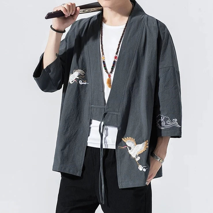 kawaiies-softtoys-plushies-kawaii-plush-Japanese-themed Crane Cloud Minimal Men's Yukata Kimono Jacket Kimono 