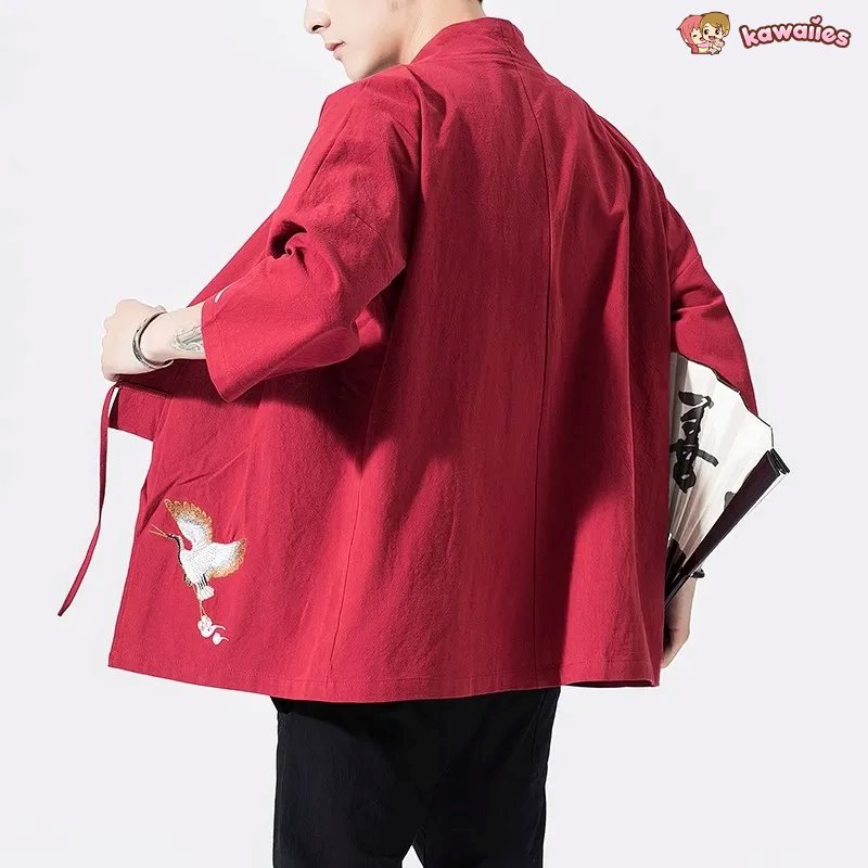 kawaiies-softtoys-plushies-kawaii-plush-Japanese-themed Crane Cloud Minimal Men's Yukata Kimono Jacket Kimono 