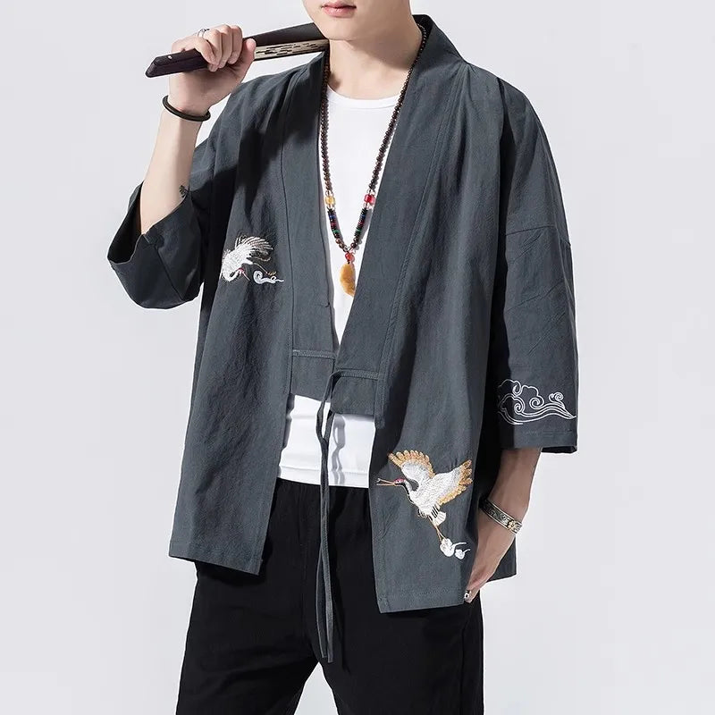 kawaiies-softtoys-plushies-kawaii-plush-Japanese-themed Crane Cloud Minimal Men's Yukata Kimono Jacket Kimono 