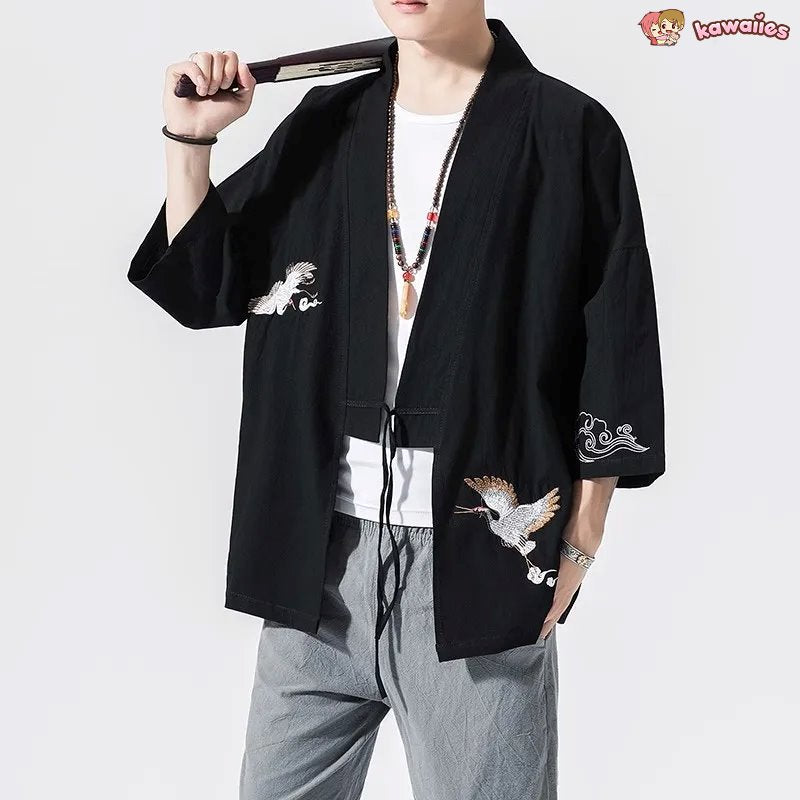 kawaiies-softtoys-plushies-kawaii-plush-Japanese-themed Crane Cloud Minimal Men's Yukata Kimono Jacket Kimono 