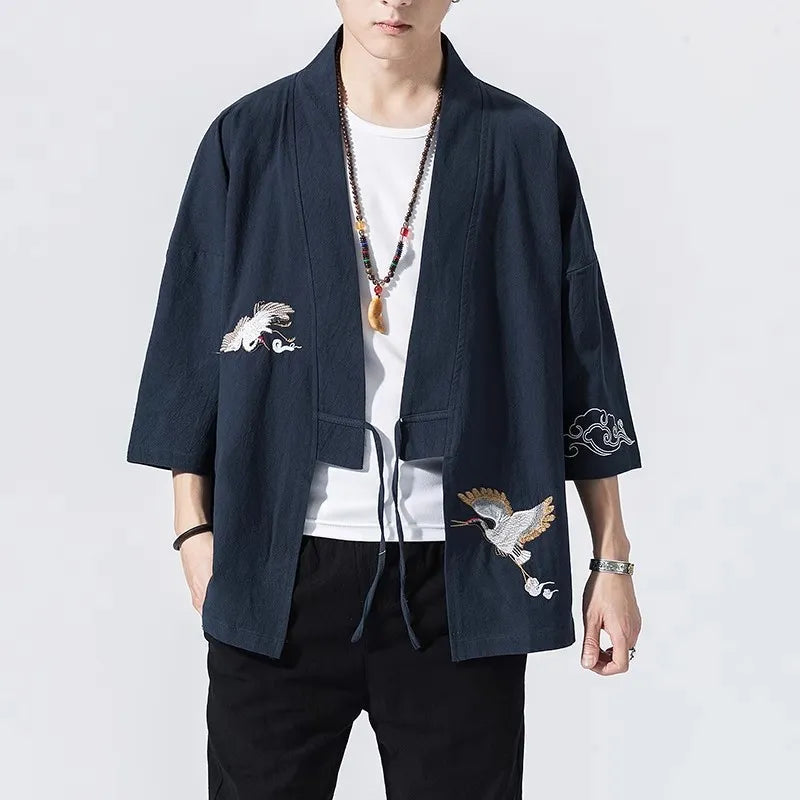 kawaiies-softtoys-plushies-kawaii-plush-Japanese-themed Crane Cloud Minimal Men's Yukata Kimono Jacket Kimono 