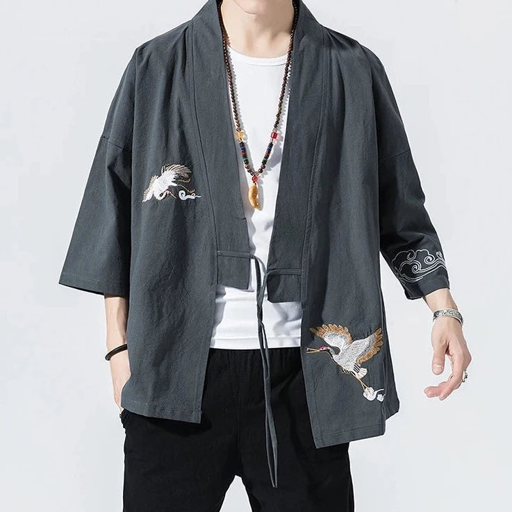 kawaiies-softtoys-plushies-kawaii-plush-Japanese-themed Crane Cloud Minimal Men's Yukata Kimono Jacket Kimono 