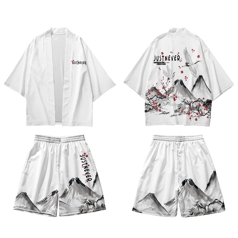 kawaiies-softtoys-plushies-kawaii-plush-Japanese-themed Crane Mountains Two-Piece Kimono Top & Shorts Sets Kimono 