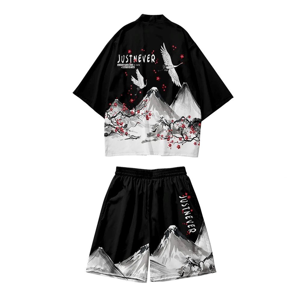 kawaiies-softtoys-plushies-kawaii-plush-Japanese-themed Crane Mountains Two-Piece Kimono Top & Shorts Sets Kimono Black M 