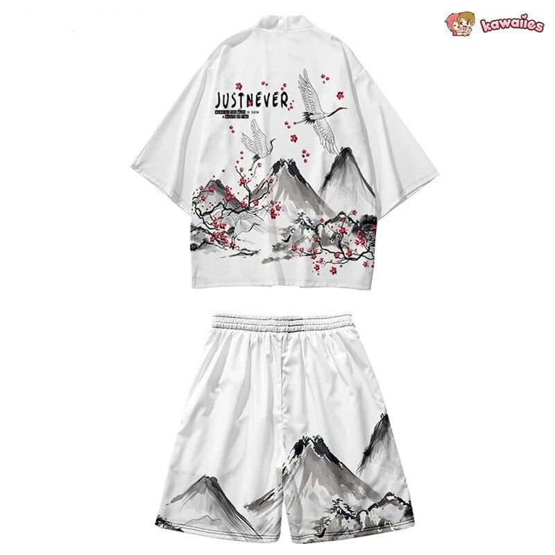 kawaiies-softtoys-plushies-kawaii-plush-Japanese-themed Crane Mountains Two-Piece Kimono Top & Shorts Sets Kimono White M 