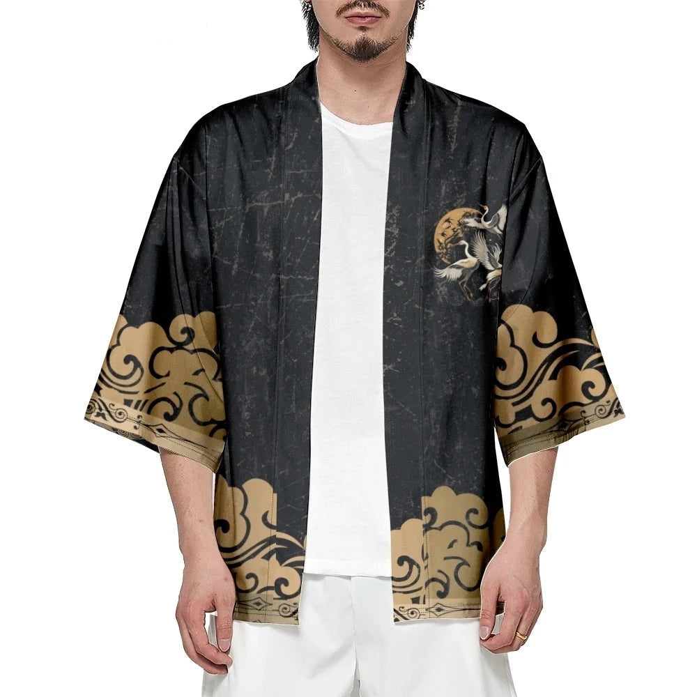 kawaiies-softtoys-plushies-kawaii-plush-Japanese-themed Crane Print Black Gold Unisex Kimono Apparel 