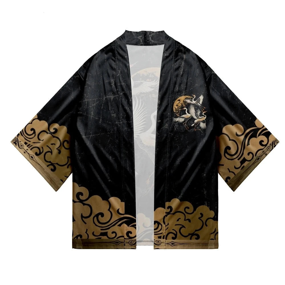 kawaiies-softtoys-plushies-kawaii-plush-Japanese-themed Crane Print Black Gold Unisex Kimono Apparel 