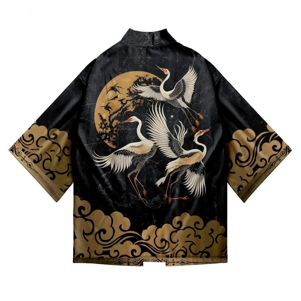 kawaiies-softtoys-plushies-kawaii-plush-Japanese-themed Crane Print Black Gold Unisex Kimono Apparel 