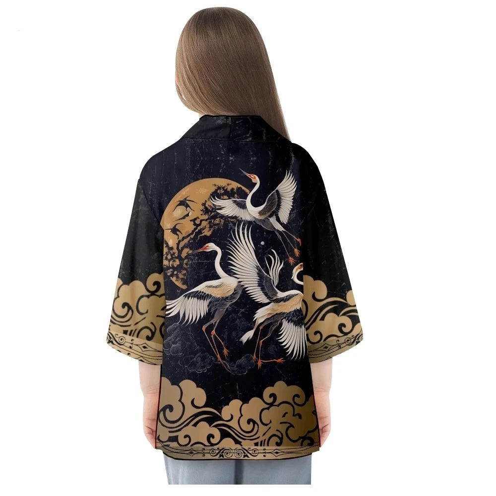 kawaiies-softtoys-plushies-kawaii-plush-Japanese-themed Crane Print Black Gold Unisex Kimono Apparel 