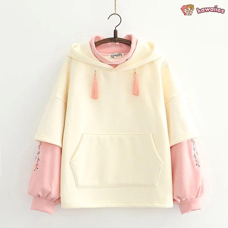 kawaiies-softtoys-plushies-kawaii-plush-Japanese-themed Cream Pink Sakura Two-Tone Hoodie Hoodies 