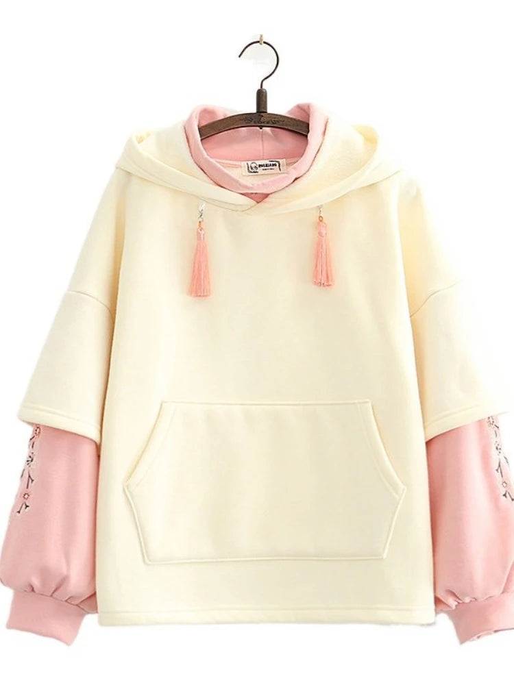 kawaiies-softtoys-plushies-kawaii-plush-Japanese-themed Cream Pink Sakura Two-Tone Hoodie Hoodies Cream 