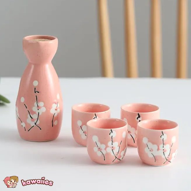 kawaiies-softtoys-plushies-kawaii-plush-Japanese-themed Elegant Plum Blossom Sake Set 5-Piece Ceramics Sake Cup Collection 2 Home Decor 