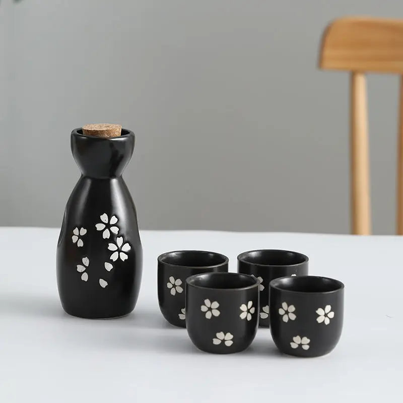 kawaiies-softtoys-plushies-kawaii-plush-Japanese-themed Elegant Plum Blossom Sake Set 5-Piece Ceramics Sake Cup Collection 2 Home Decor Black 