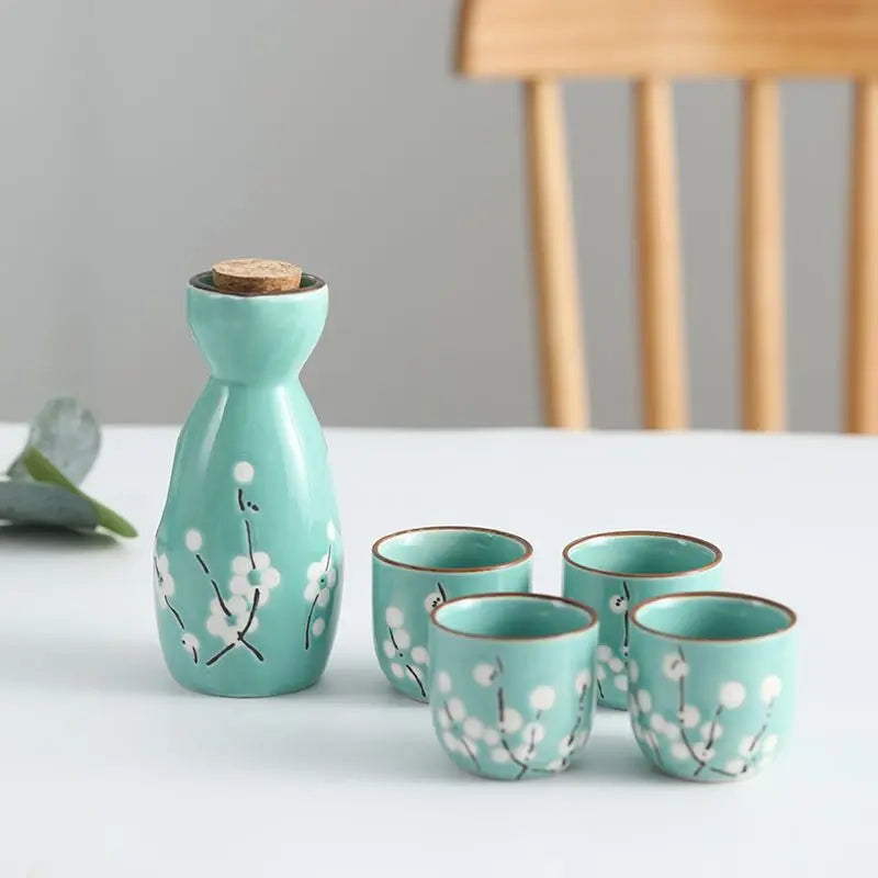 kawaiies-softtoys-plushies-kawaii-plush-Japanese-themed Elegant Plum Blossom Sake Set 5-Piece Ceramics Sake Cup Collection 2 Home Decor Cyan 