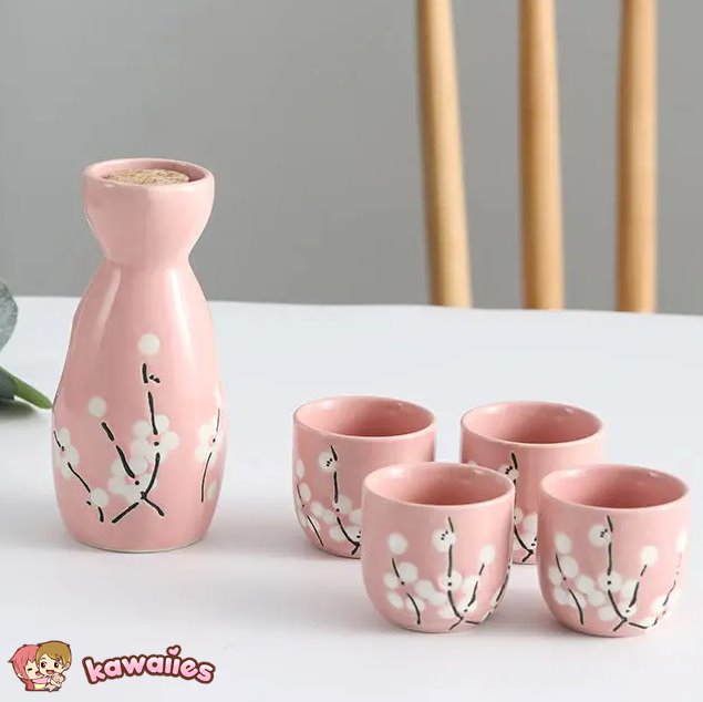 kawaiies-softtoys-plushies-kawaii-plush-Japanese-themed Elegant Plum Blossom Sake Set 5-Piece Ceramics Sake Cup Home Decor 