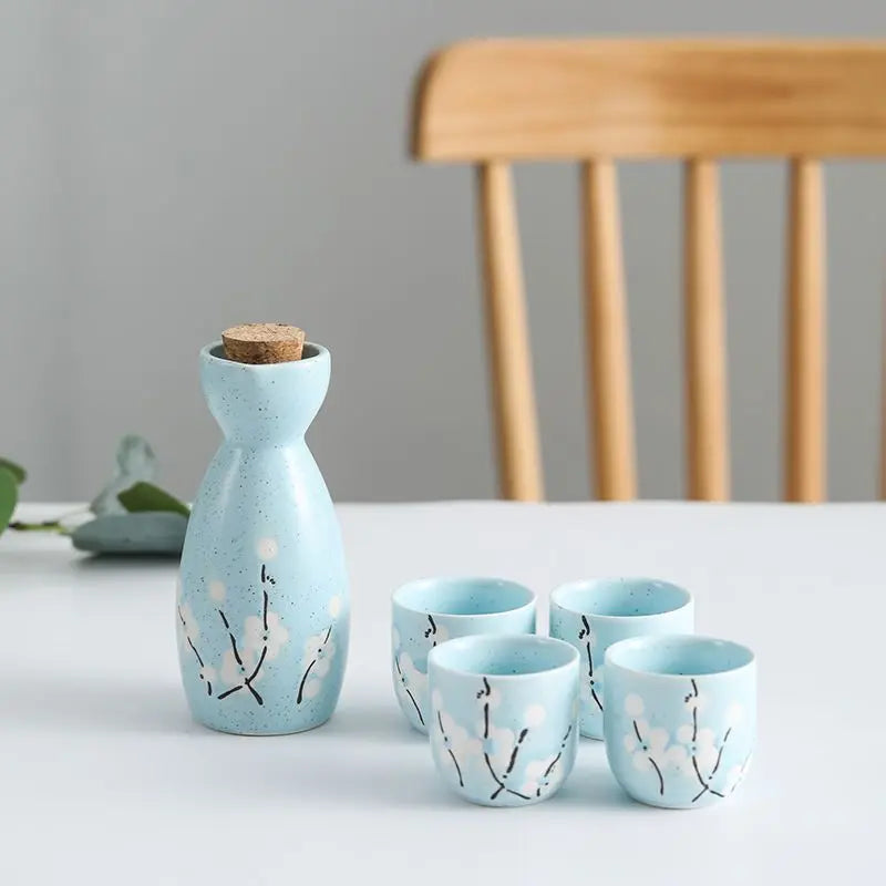 kawaiies-softtoys-plushies-kawaii-plush-Japanese-themed Elegant Plum Blossom Sake Set 5-Piece Ceramics Sake Cup Home Decor Light Blue 