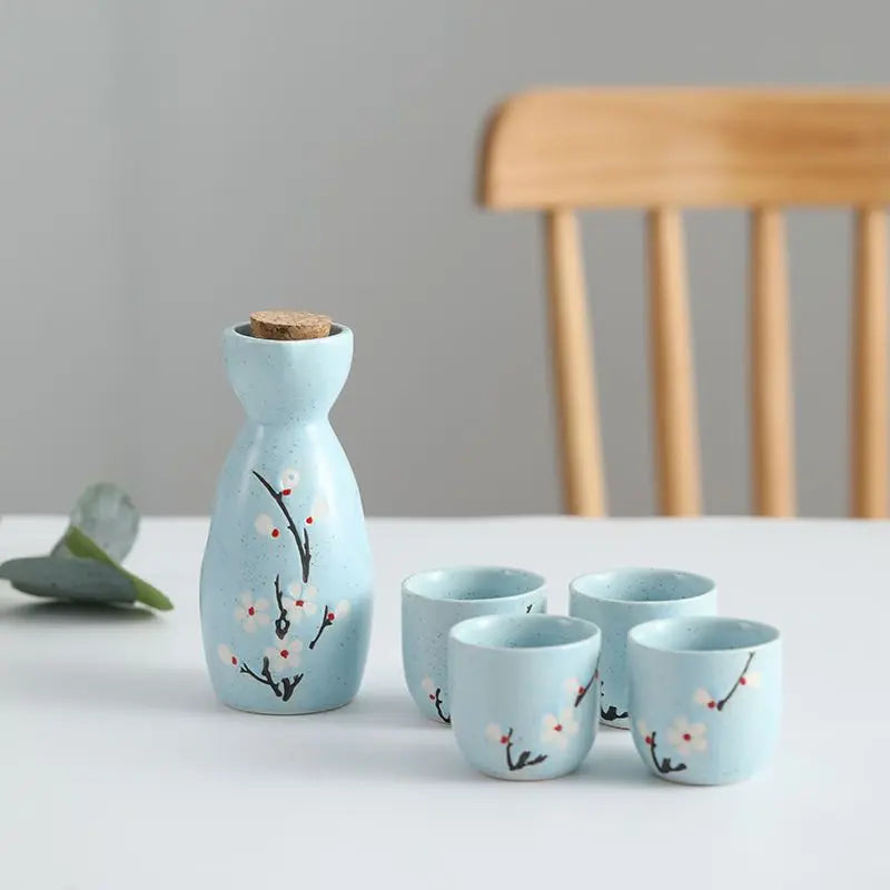 kawaiies-softtoys-plushies-kawaii-plush-Japanese-themed Elegant Plum Blossom Sake Set 5-Piece Ceramics Sake Cup Home Decor Light Blue (Red) 