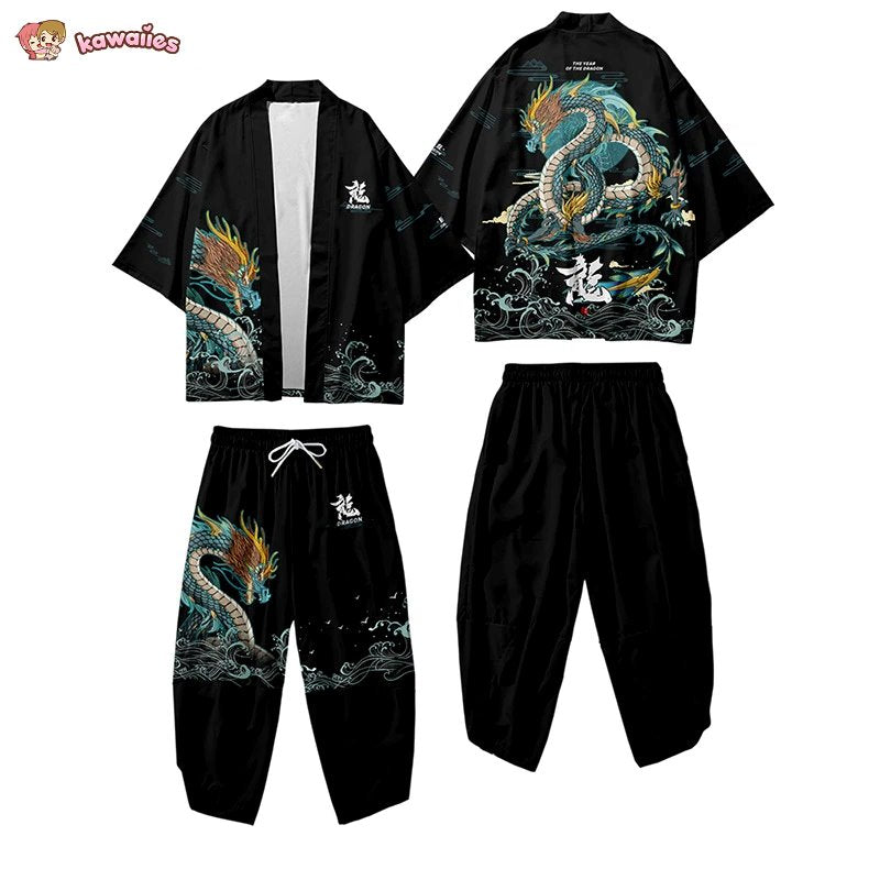 kawaiies-softtoys-plushies-kawaii-plush-Japanese-themed Emerald Dragon Two-Piece Kimono Yukata Top & Pants Sets Kimono 