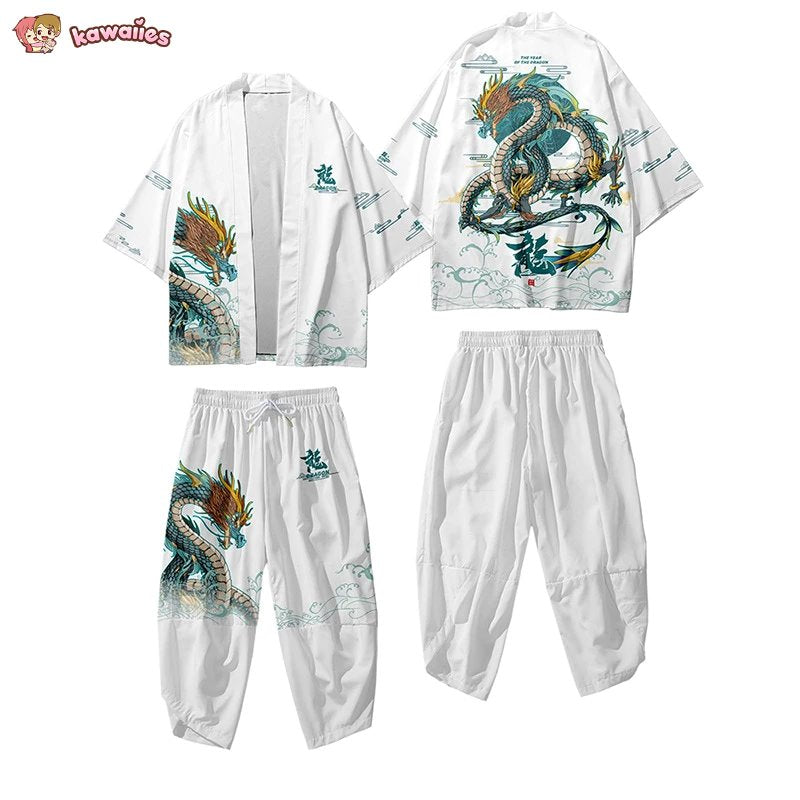 kawaiies-softtoys-plushies-kawaii-plush-Japanese-themed Emerald Dragon Two-Piece Kimono Yukata Top & Pants Sets Kimono 