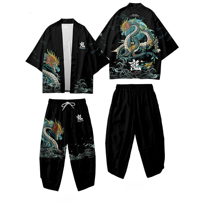 kawaiies-softtoys-plushies-kawaii-plush-Japanese-themed Emerald Dragon Two-Piece Kimono Yukata Top & Pants Sets Kimono Black M 