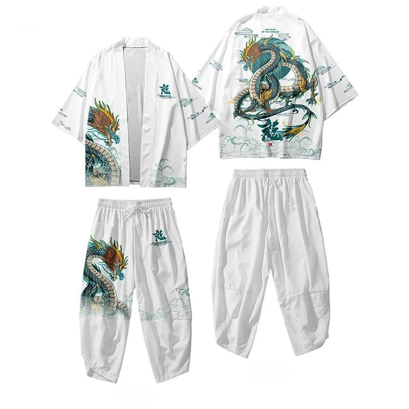 kawaiies-softtoys-plushies-kawaii-plush-Japanese-themed Emerald Dragon Two-Piece Kimono Yukata Top & Pants Sets Kimono White M 