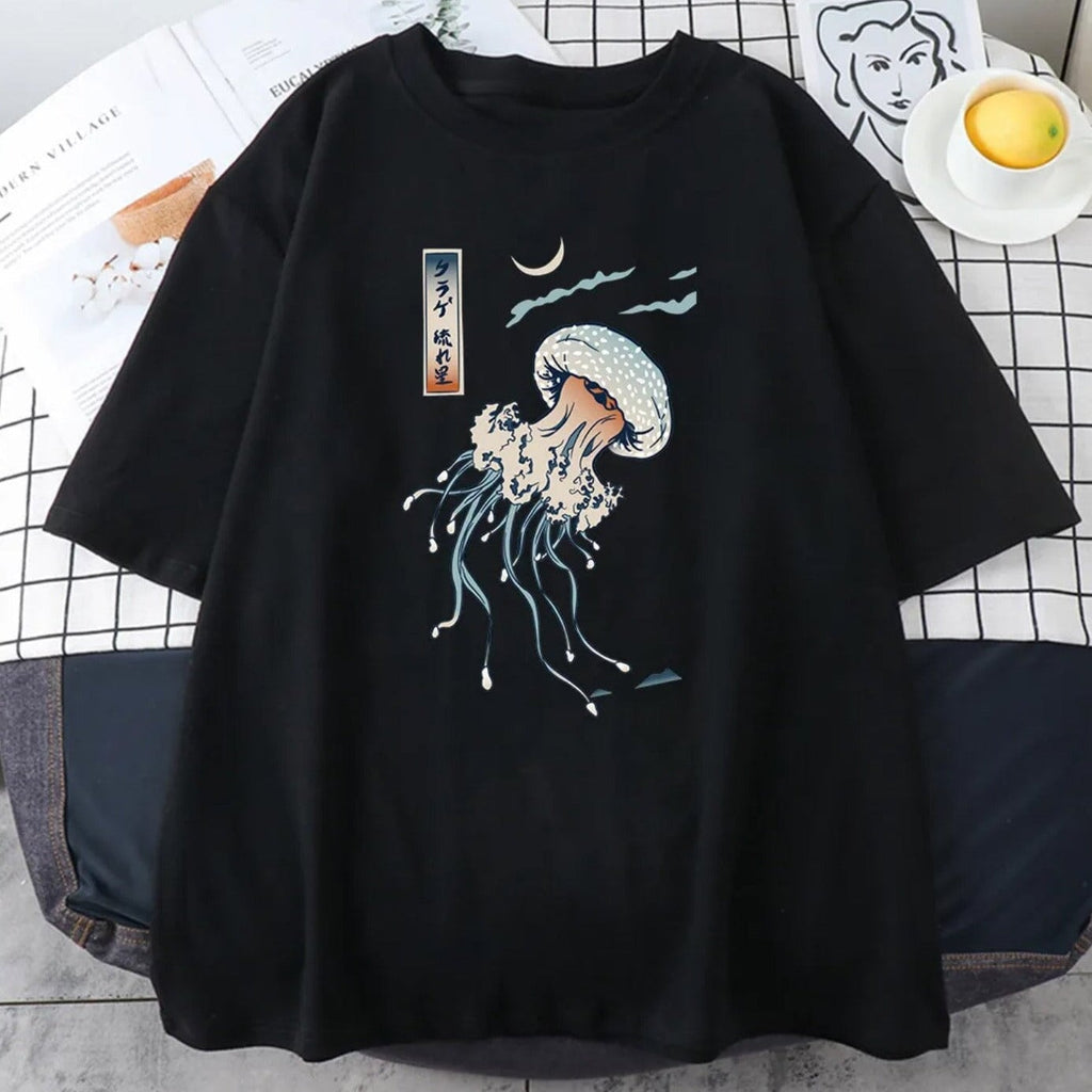 kawaiies-softtoys-plushies-kawaii-plush-Japanese-themed Floating Jellyfish Unisex Tee Apparel Black XS 