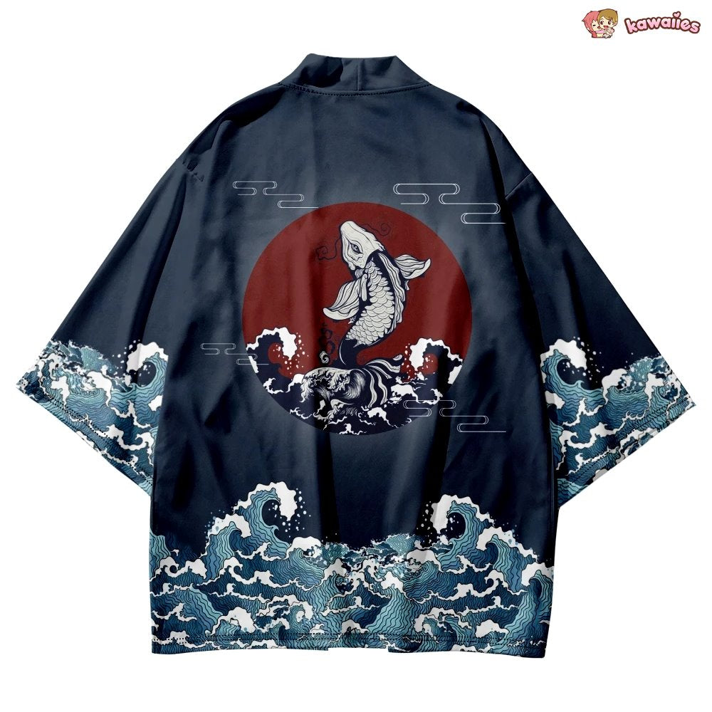 kawaiies-softtoys-plushies-kawaii-plush-Japanese-themed Koi Great wave off Kanagawa Unisex Navy Kimono Kimono 