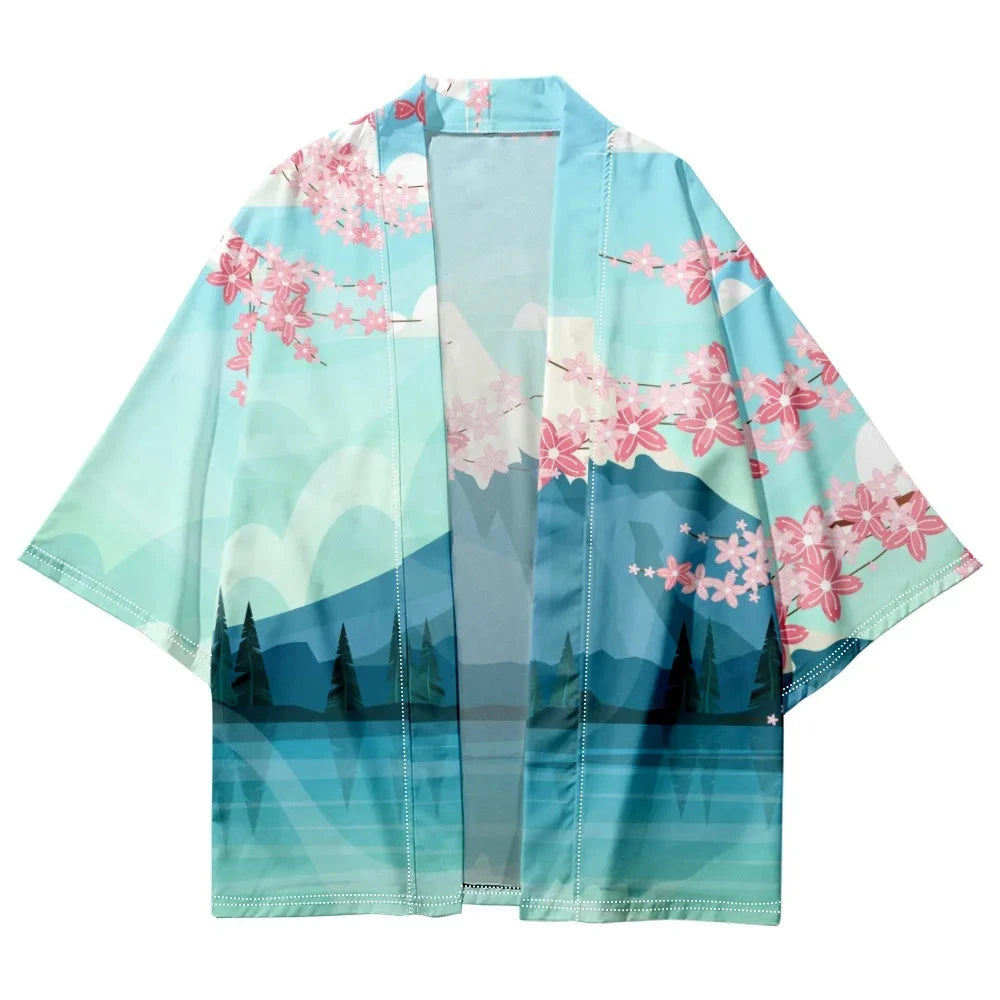 kawaiies-softtoys-plushies-kawaii-plush-Japanese-themed Mount Fuji Sakura Blue Unisex Kimono Kimono 