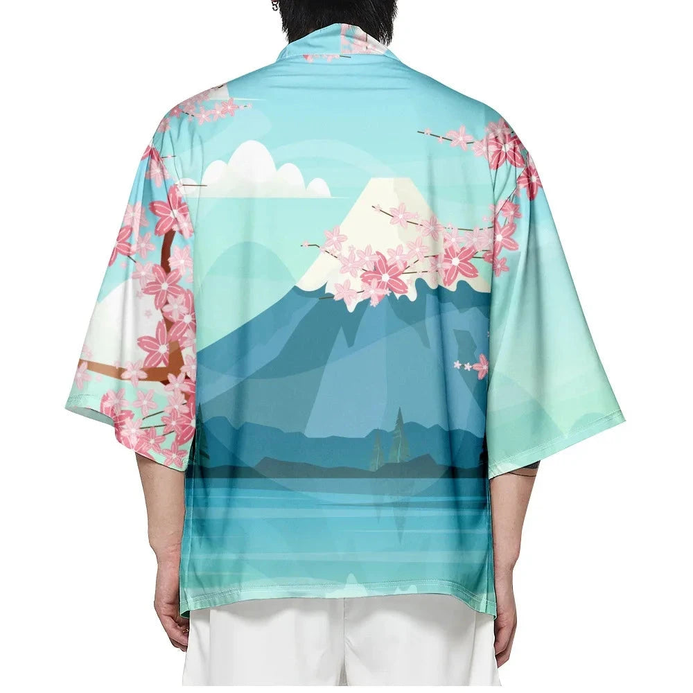 kawaiies-softtoys-plushies-kawaii-plush-Japanese-themed Mount Fuji Sakura Blue Unisex Kimono Kimono 