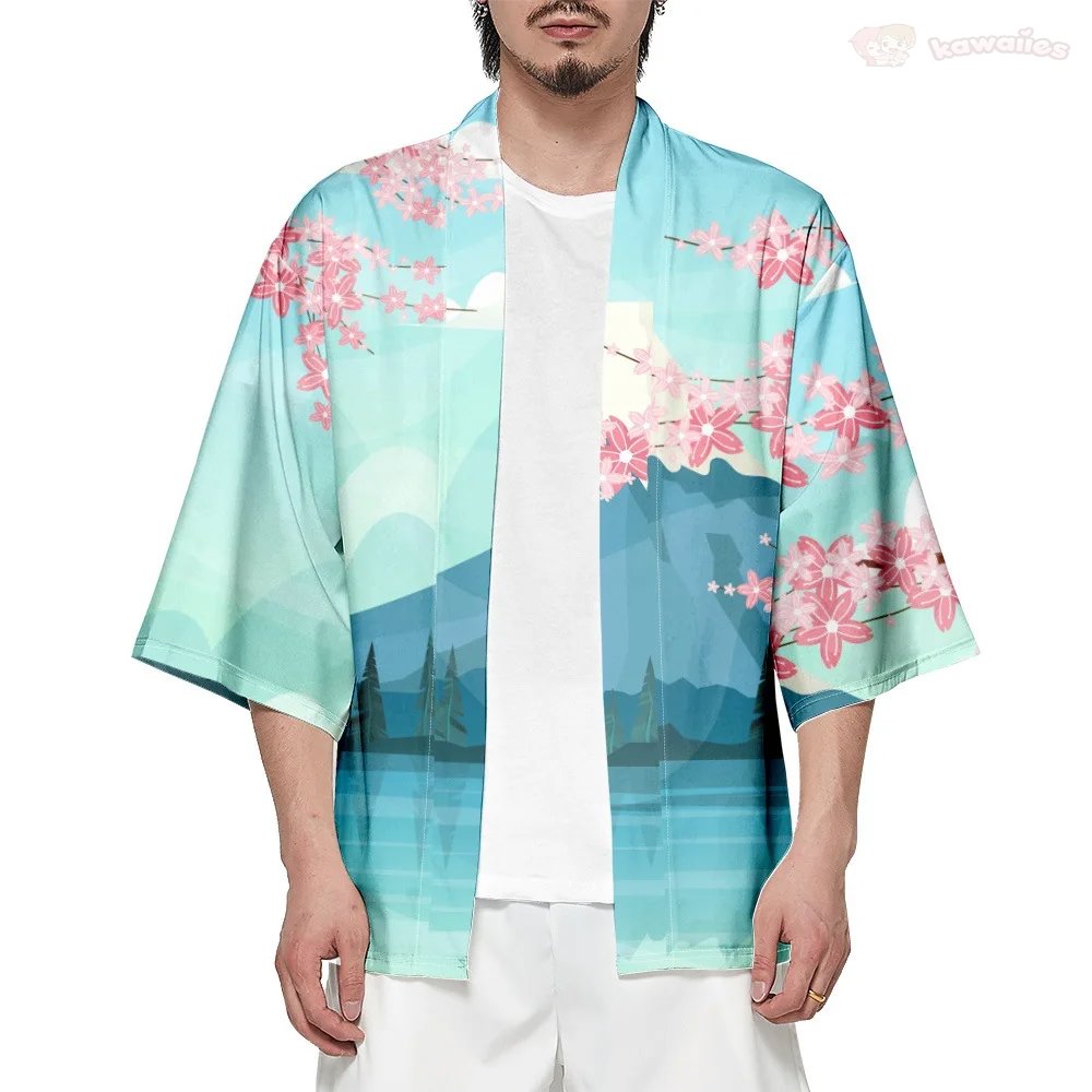 kawaiies-softtoys-plushies-kawaii-plush-Japanese-themed Mount Fuji Sakura Blue Unisex Kimono Kimono 