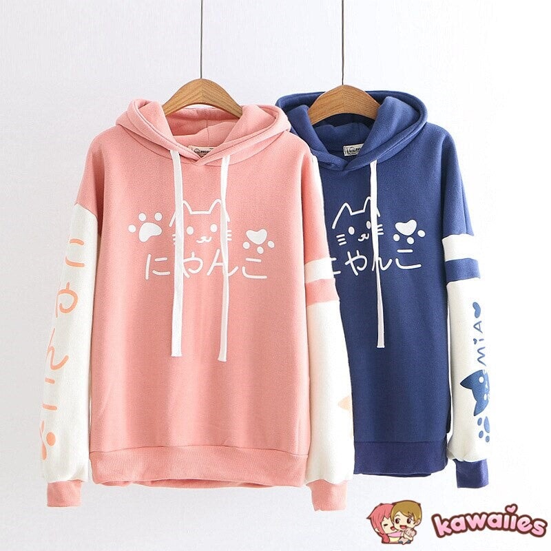 kawaiies-softtoys-plushies-kawaii-plush-Japanese-themed Pink Blue Two-Tone Cat Hoodie Hoodies 