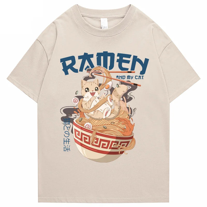 kawaiies-softtoys-plushies-kawaii-plush-Japanese-themed Ramen & Kawaii Cat Unisex Tee Apparel Cream S 