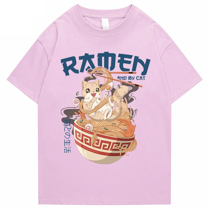 kawaiies-softtoys-plushies-kawaii-plush-Japanese-themed Ramen & Kawaii Cat Unisex Tee Apparel Pink S 