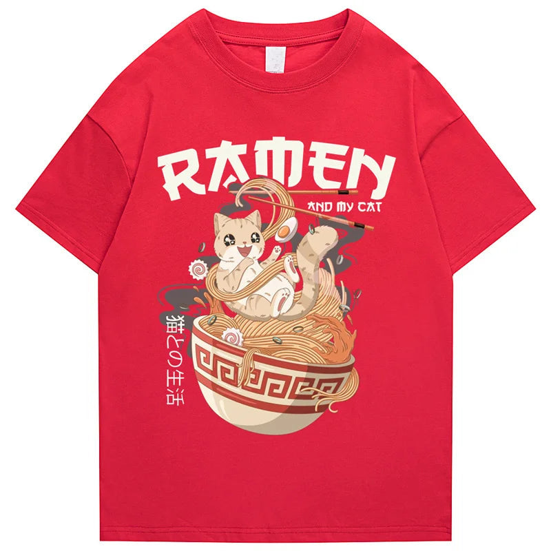 kawaiies-softtoys-plushies-kawaii-plush-Japanese-themed Ramen & Kawaii Cat Unisex Tee Apparel Red S 