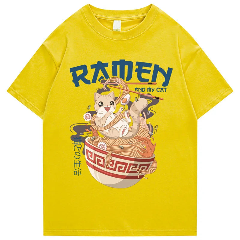 kawaiies-softtoys-plushies-kawaii-plush-Japanese-themed Ramen & Kawaii Cat Unisex Tee Apparel Yellow S 