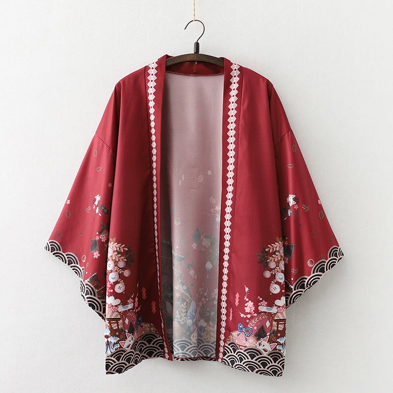 kawaiies-softtoys-plushies-kawaii-plush-Japanese-themed Red Shrines Sakura Unisex Kimono Kimono 