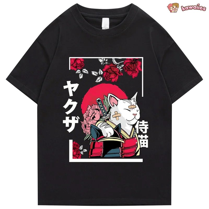 kawaiies-softtoys-plushies-kawaii-plush-Japanese-themed Samurai Cat Rose Kanji Unisex Tee Apparel 