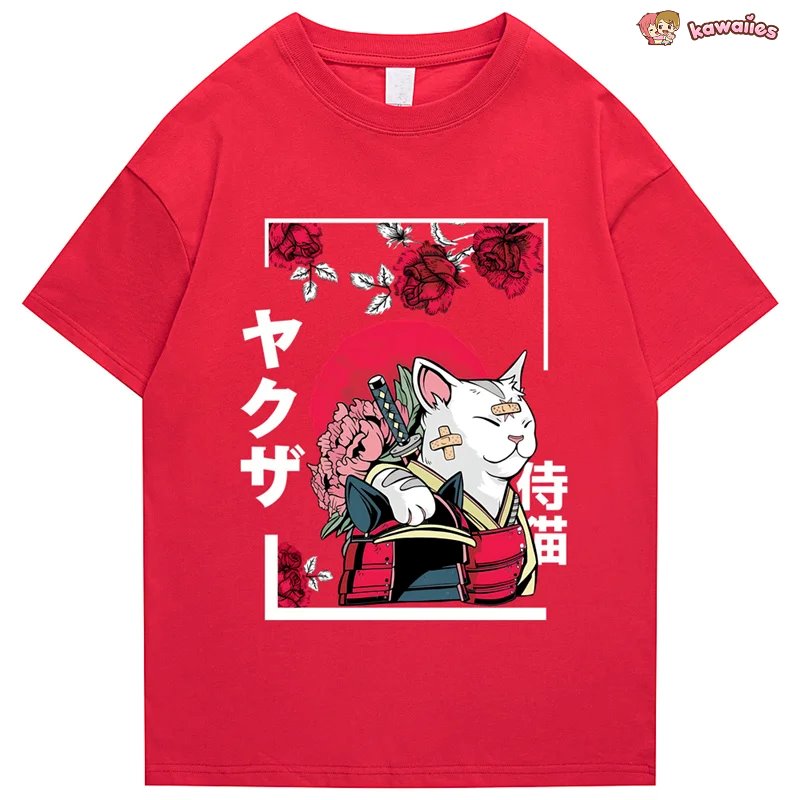 kawaiies-softtoys-plushies-kawaii-plush-Japanese-themed Samurai Cat Rose Kanji Unisex Tee Apparel 