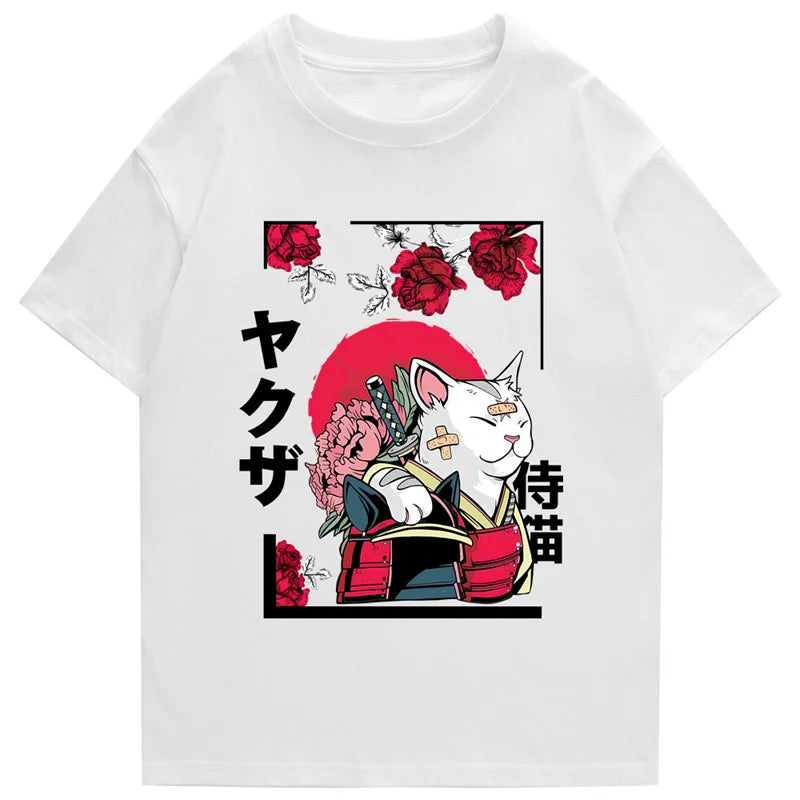 kawaiies-softtoys-plushies-kawaii-plush-Japanese-themed Samurai Cat Rose Kanji Unisex Tee Apparel 