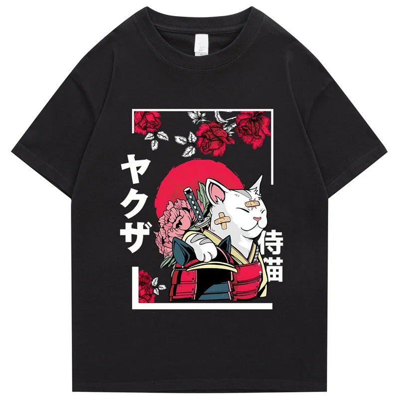 kawaiies-softtoys-plushies-kawaii-plush-Japanese-themed Samurai Cat Rose Kanji Unisex Tee Apparel Black XS 