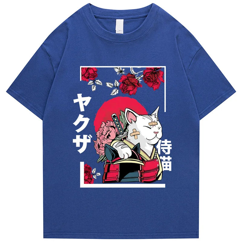 kawaiies-softtoys-plushies-kawaii-plush-Japanese-themed Samurai Cat Rose Kanji Unisex Tee Apparel Blue XS 