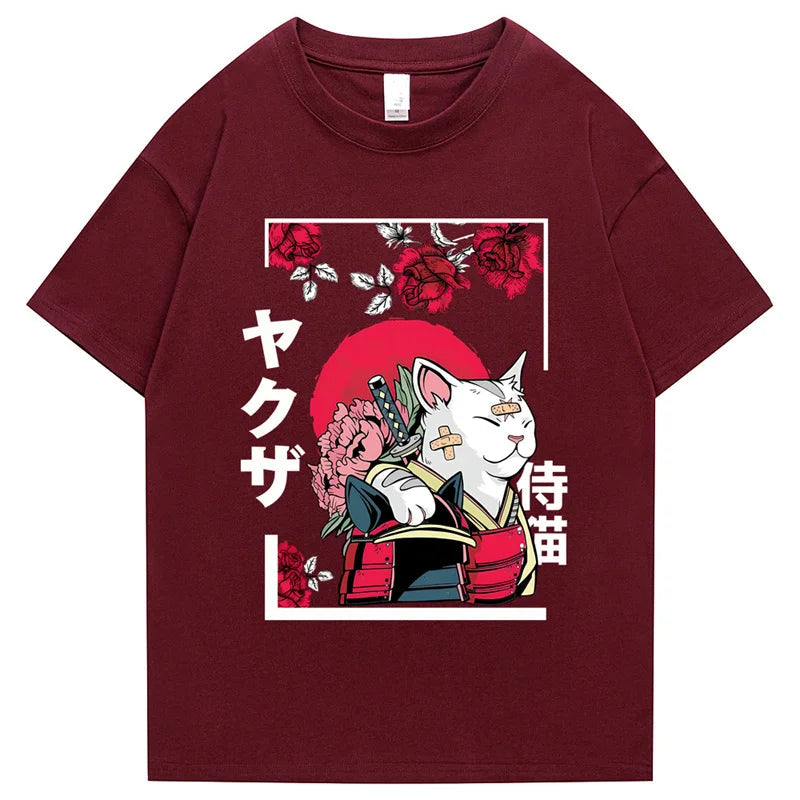 kawaiies-softtoys-plushies-kawaii-plush-Japanese-themed Samurai Cat Rose Kanji Unisex Tee Apparel Burgundy XS 