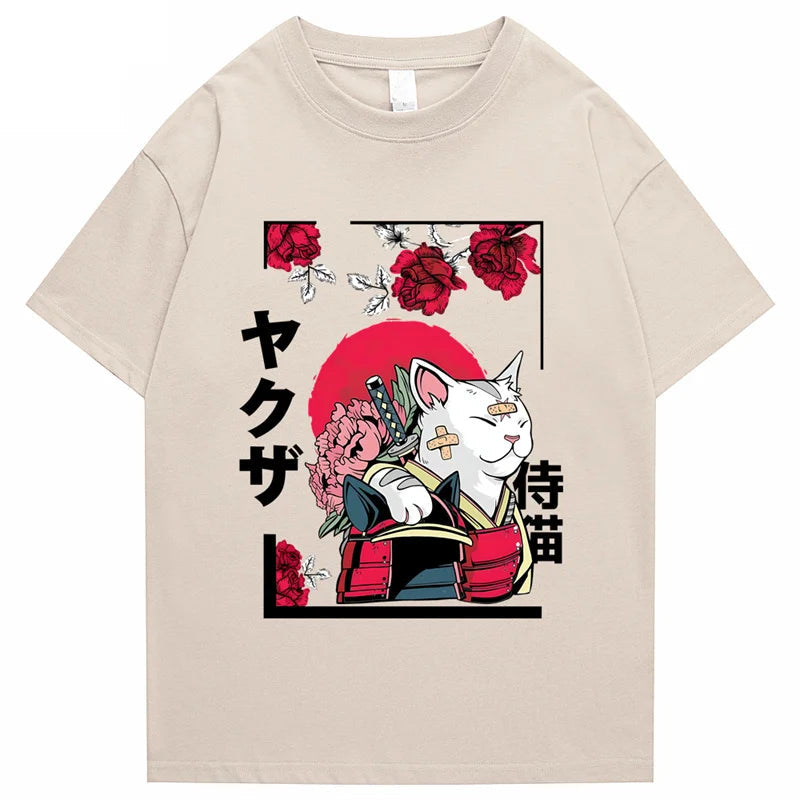 kawaiies-softtoys-plushies-kawaii-plush-Japanese-themed Samurai Cat Rose Kanji Unisex Tee Apparel Cream XS 