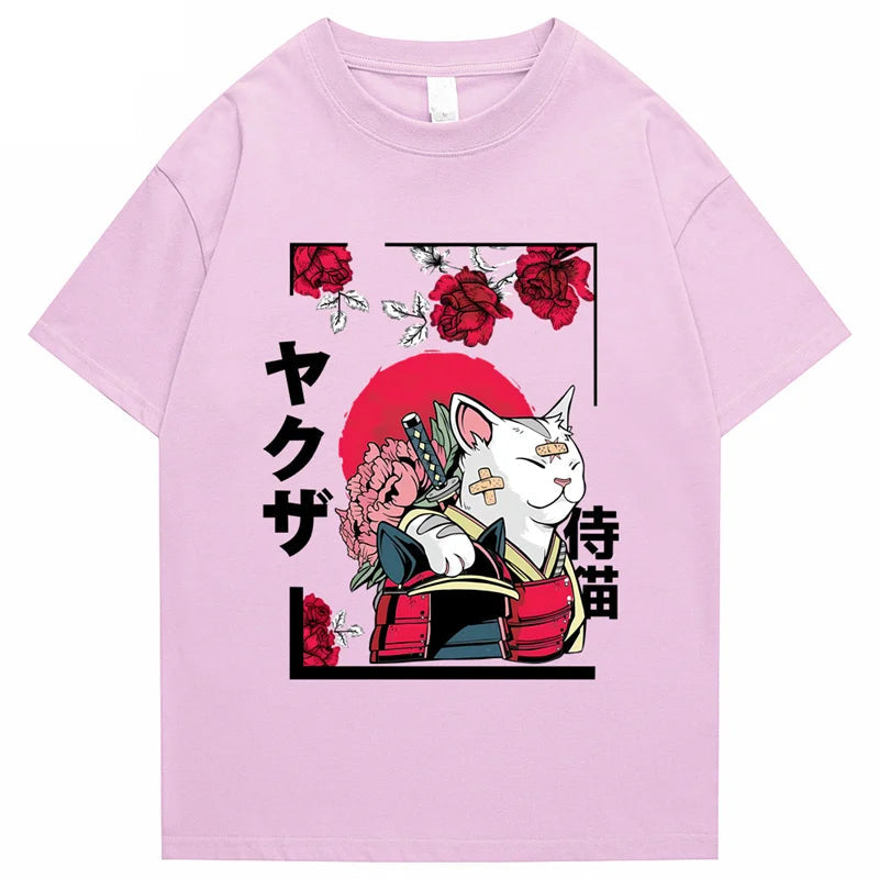 kawaiies-softtoys-plushies-kawaii-plush-Japanese-themed Samurai Cat Rose Kanji Unisex Tee Apparel Pink XS 