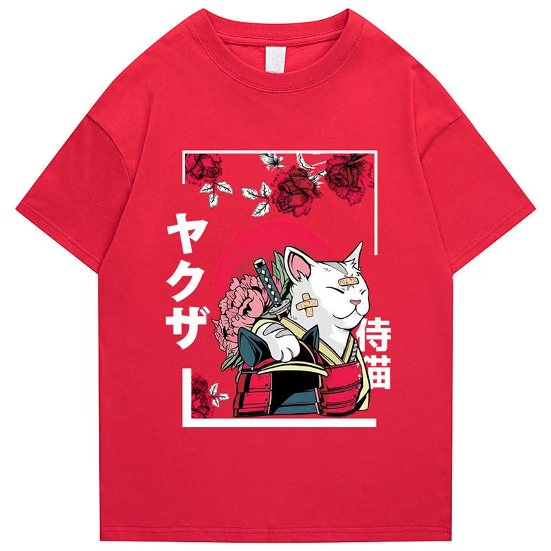 kawaiies-softtoys-plushies-kawaii-plush-Japanese-themed Samurai Cat Rose Kanji Unisex Tee Apparel Red XS 