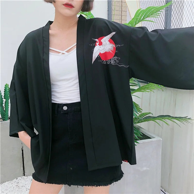 kawaiies-softtoys-plushies-kawaii-plush-Japanese-themed White Cranes Red Black Women's Kimono Kimono 